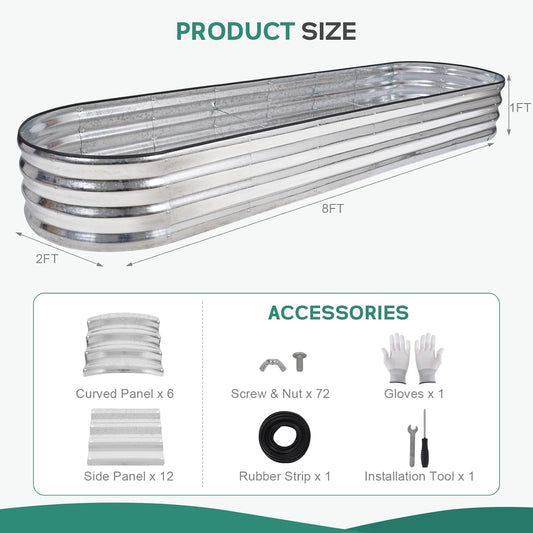 Galvanized Raised Garden Bed - 8Γ2Γ1ft Planter Raised Beds for Gardening | Oval Metal Garden Planter Box with Safety Edging and Bracing Rods for Vegetables Fruits and Flowers - Silver