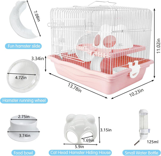 PINVNBY Dwarf Hamster Cage, Small Animal Cages, 2-Tier Travel Portable Mouse Cage Hamster Carrier with Castle House Running Exercise Wheels, Water Bottle and Food Dis(Pink)