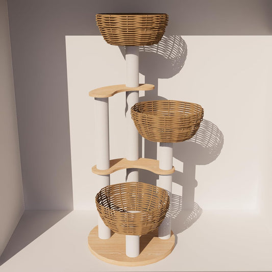 Modern Wood Rattan Cat Tree for Large Cats, Luxury Multi-Level Oak Solid Wood Cat Trees Towersļ¼w/3 Weaving Cat Nests & Washable Cushions, Sisal Scratching Posts, for Indoor Large Cats-No paint/wax oil