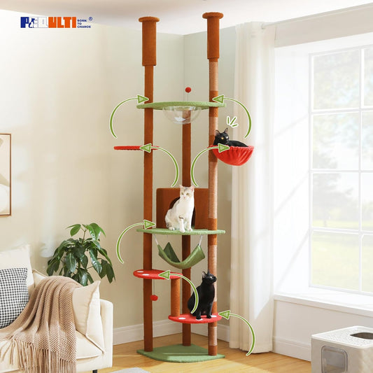 PEQULTI Floor to Ceiling Cat Tree 92.9ββ-101.6ββ Height Adjustable Mushroom Cat Tower Tall Climbing Play House with Scratching Posts, Cozy Condo, Perches and Large Hammock for Indoor Cats Brown