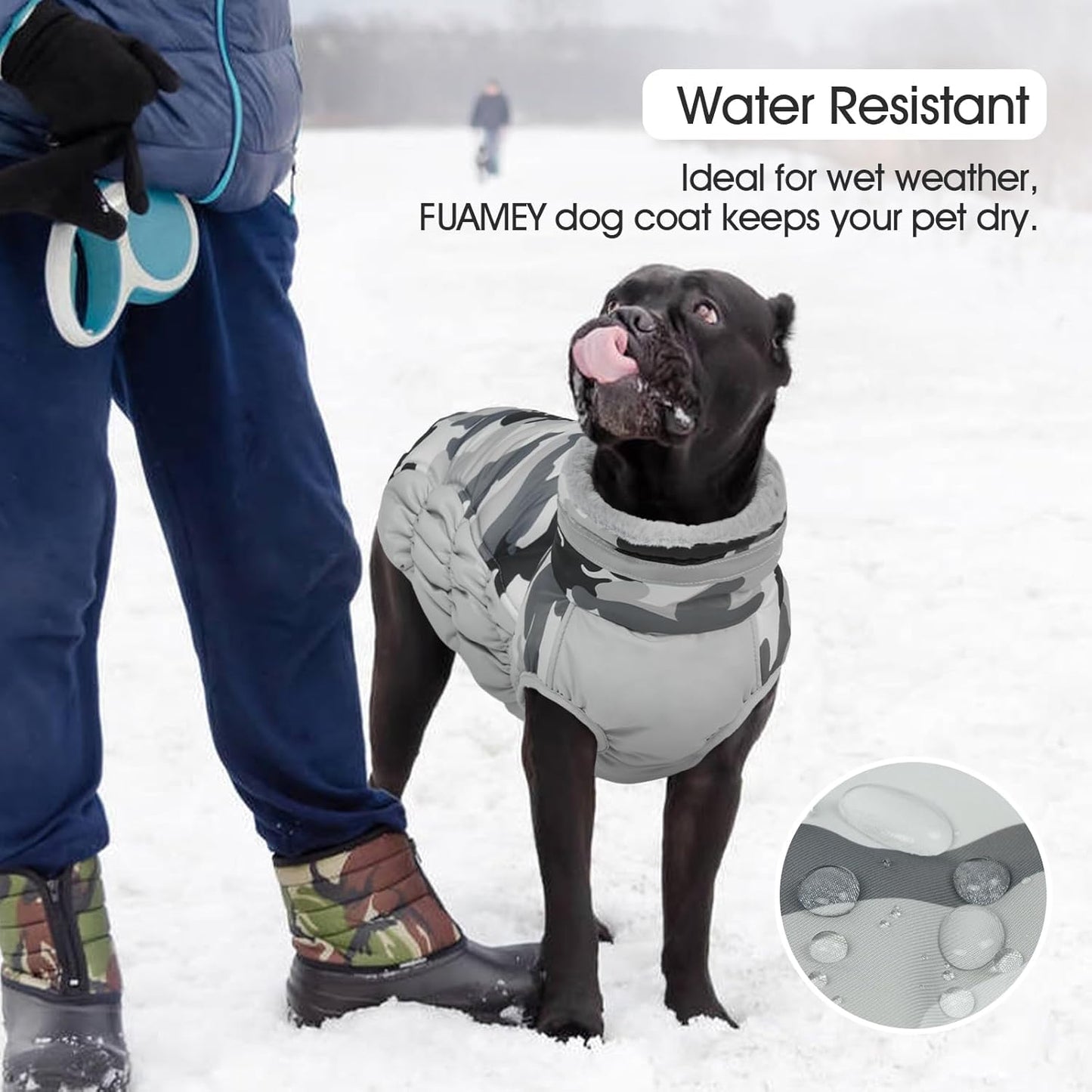 FUAMEY Dog Coat for Large Dogs,Waterproof Dog Winter Jacket with Harness Built in Puppy Cold Weather Coats Reflective Pet Vest with Zipper Warm Fleece Dogs Snowsuit Windproof Grey Camo L
