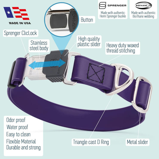 Dogline Biothane Waterproof Dog Collar with Herm Sprenger Black Stainless Steel Quick Release Buckle β Heavy Duty Tactical Durable Collar for Dogs β Comfortable and Safe Pet Collar W1 L 15-25" Purple