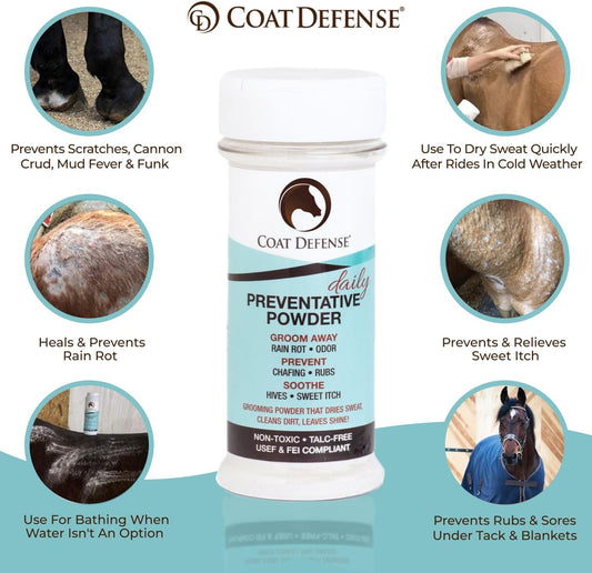 Coat Defense Daily Preventative Powder for Horses - Safe & Effective Equine Sweet Itch, Skin Funk, Scratches, & Rain Rot Treatment - Dry Shampoo for Horses, 8 oz Formula with All Natural Ingredients