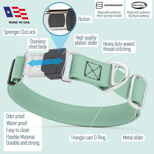 Dogline Biothane Waterproof Dog Collar with Herm Sprenger Black Stainless Steel Quick Release Buckle β Heavy Duty Tactical Durable Collar for Dogs β Comfortable, Safe Pet Collar W1 L15-25 Sage Green