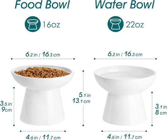 vancasso Ceramic Elevated Cat Bowls 2-Pack - 6.2" Extra Wide Raised Cat Food & Water Dishes, 5.1" Optimal Height Anti-Whisker Fatigue Shallow Bowls for Cats/Kittens/Dogs, Lead & Cadmium Free (White)
