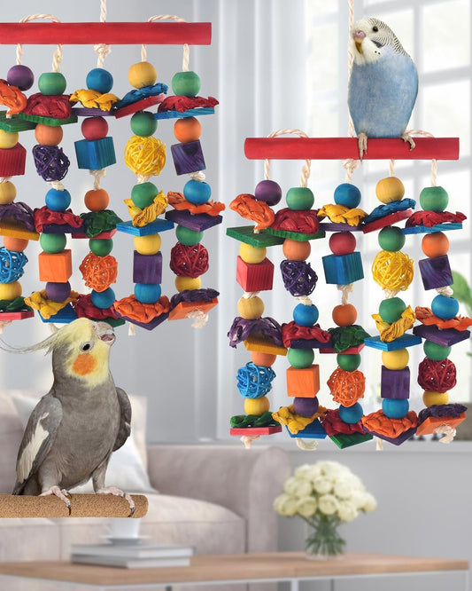 Bird Toys, 2PCS Parrot Foraging Hanging Toy, Multicolored Natural Wooden Blocks Parakeet Chewing Toys mit Rattan Wicker Balls, for Medium Small Cockatoos Budgie Lovebird Cockatiel Conure