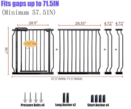 Wide Baby Gate 67-71.5 Inch Heavy Duty Steel Safety for Stairs, Pressure-Mounted Indoor Dog, No Drilling, Modern Home Design, Black