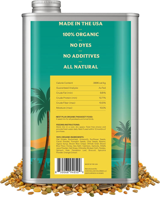 100% Organic Parakeet Food โ Premium Bird Seed Mix with Oat Groats, Buckwheat, Amaranth, Super Veggies & Seeds โ Reusable Tin + Stainless-Steel Scooper โ Made in USA, Human Grade Ingredients (2lb)