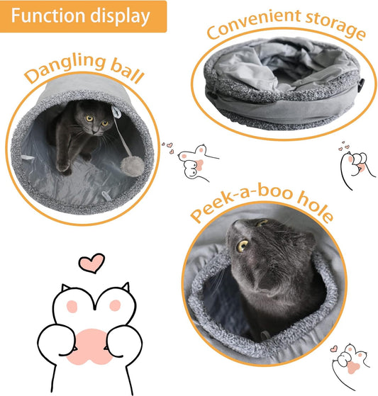 Cat Tunnel for Indoor Cats, 51Γ12 inch Foldable Big Cat Tunnel, Grey Suede Pet Tunnels with Two Peepholes and a Bubble Ball