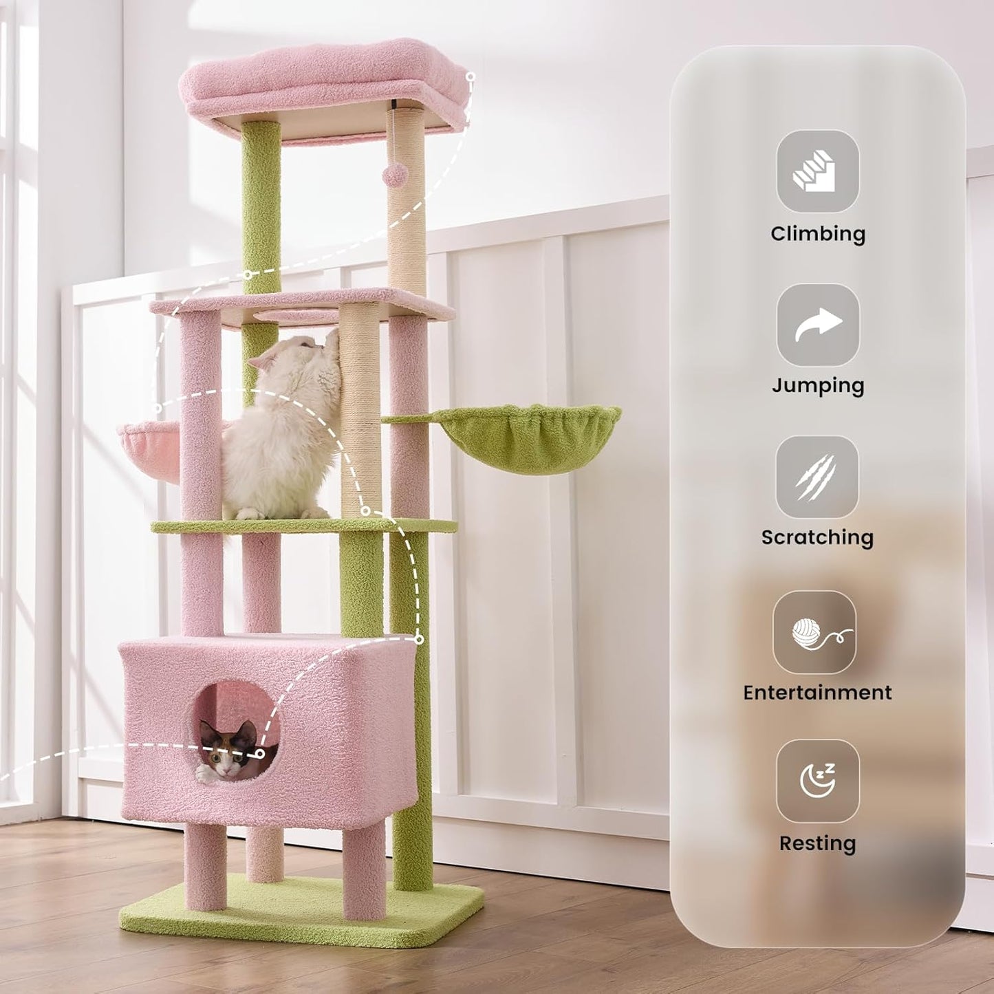 Gardner Pet 65in Heavy Duty Cat Tree Tower for Large Cats, Multi-Level Cat Furniture with Replaceable Sisal Scratching Post, Hammock | Extra-Large Platform & Condo (Pink&Green, Basic φ:2.84")