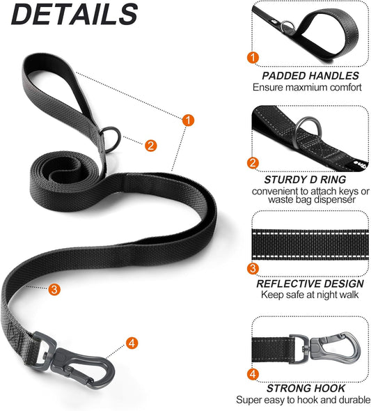 TwoEar 6FT 1IN Strong Black Dog Leash with 2 Padded Handles, Traffic Handle Extra Control, Comfortable Soft Dual Handle, Auto Lock Hook, Reflective Walking Lead for Small Medium and Large Dogs