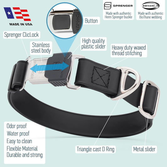 Dogline Biothane Waterproof Dog Collar with Herm Sprenger Stainless Steel Quick Release Buckle β Heavy Duty Tactical Durable Collar for Dogs β Comfortable and Safe Pet Collar, W 1" L 15-25", Black