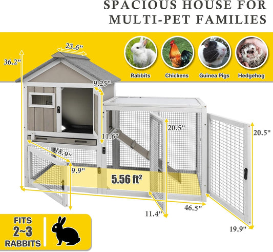 47''L Rabbit Hutch Outdoor Chicken Coop with Run, Wooden Indoor 2 Story Bunny House with Waterproof Roof, Pull Out Tray, Guinea Pig Rabbit Duck Cage for Small to Medium Animals and Pet Lover, Gray