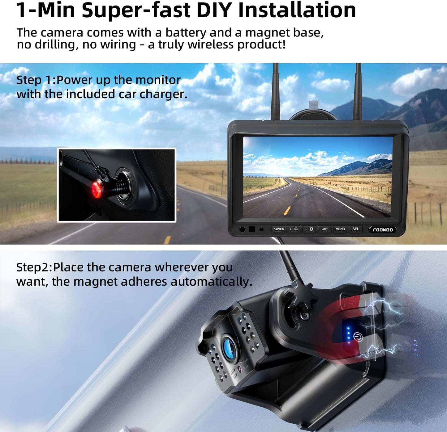 Fookoo HD Magnetic Wireless Backup Camera, 1080P 7" Dual Split Monitor & Rechargeable Rear View Cameras, Lower Consumption 1-Min Installation No Drilling Recording for RV Trailer Truck Camper DCX702