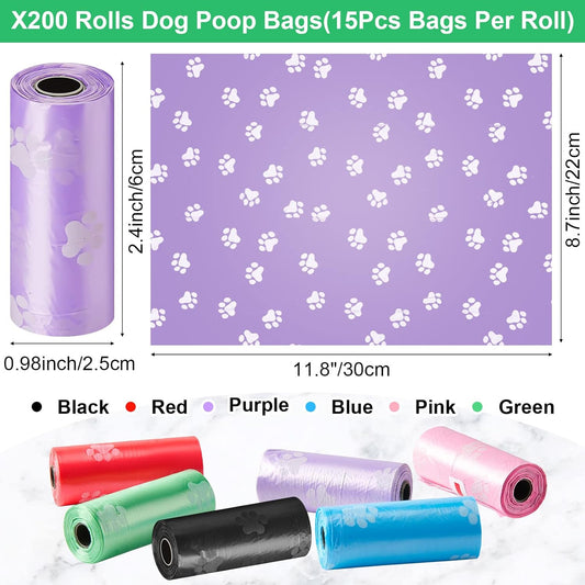 Thenshop 3000 Counts 200 Rolls Dog Poop Bag Plastic Dog Waste Bags Disposable For Doggie Pets Poop Outdoor Walking Travel Mixed Colors(Paw Print Style)