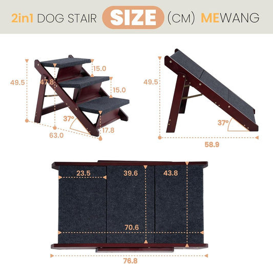 MEWANG Wooden Pet Stairs/Pet Steps - 3-in-1 Foldable Stairs & Rampāfor Beds and Cars - Portable Dog/Cat Ladder Up to 220 Pounds - Great for Small and Older Animals(Brown) (24.8" L x 17.2" W x 19.5" H)