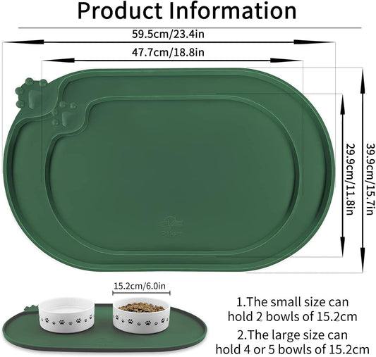 KPWACD Pet Placemat for Dog and Cat, Waterproof Silicone Dogs Feeding Bowl Mat Prevent Food and Water Overflow, High-Lips Puppy Dish Mats Suitable for Small Medium Big Pets, Hunter Green, 24" * 16"