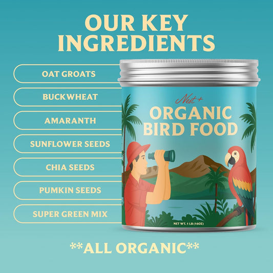 100% Organic Parrot Food โ Premium Bird Seed Mix with Oat Groats, Buckwheat, Amaranth, Super Veggies & Seeds โ Reusable Tin + Stainless-Steel Scooper โ Made in USA, Human Grade Ingredients (1lb)