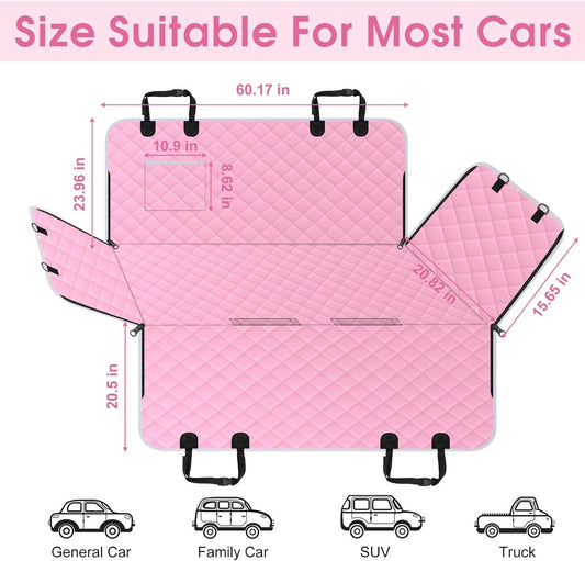 Waterproof Dog Car Seat Cover for Back Seat - Durable, Scratch Proof Pet Hammock with Nonslip Design & Storage Pockets, Fits Cars, SUVs, Trucks - L, Pink/Grey