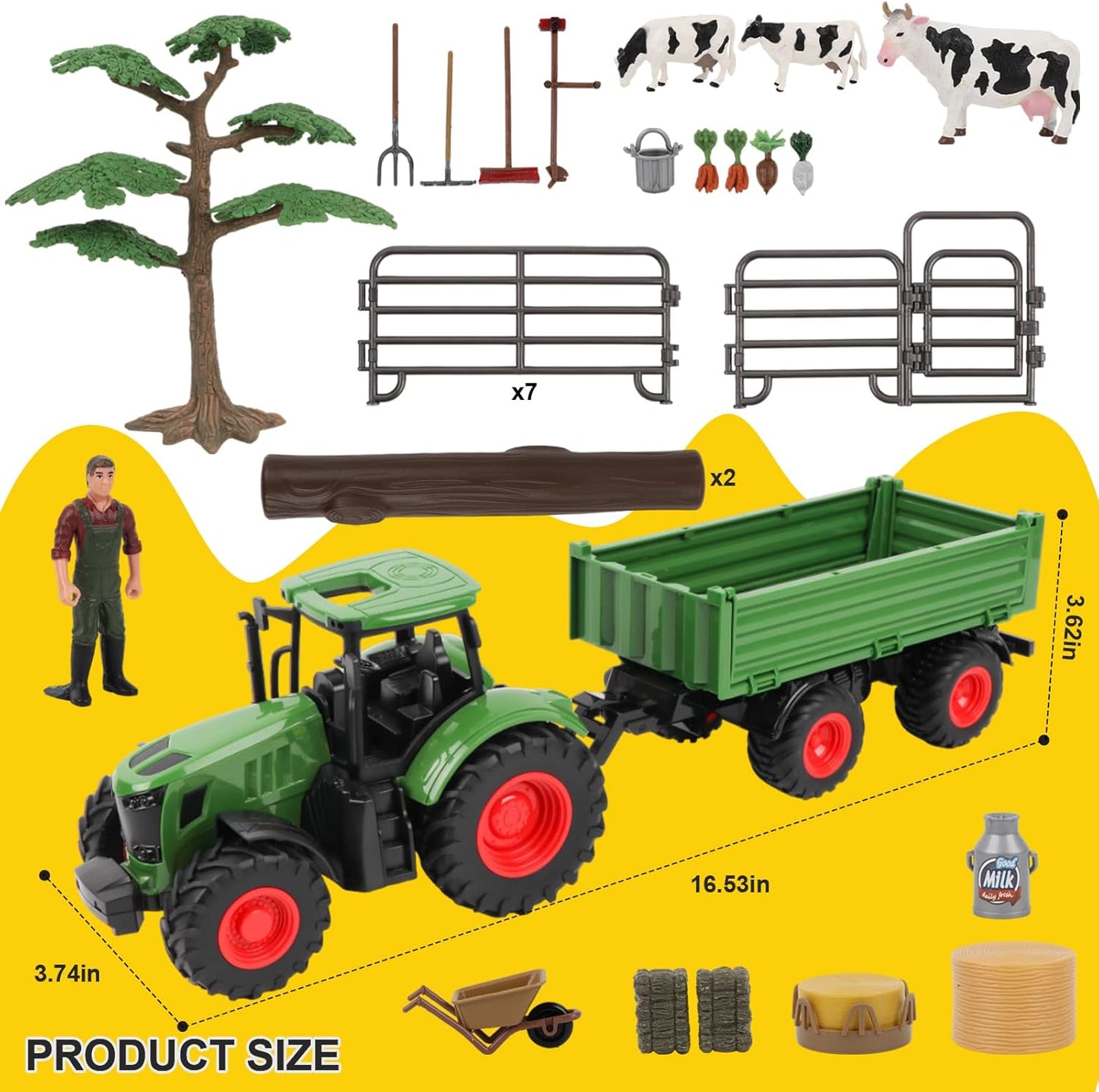 Farm Animal Tractor Toys Playset-16.5 Inches Tractor with Trailer Fence,Farmer,Tree,Cow,Farm Toy Set for Boys Girls Kids Toddlers Age 3-7 Years Old
