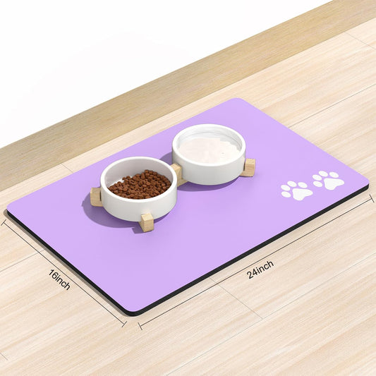 Rnivvi Dog Food Mat, 16" x 24" Footprint Absorbent Dog Cat Bowl Mat for Food and Water, Cute Anti-Slip Rubber Pet Feeding Rug Protect Floors, Puppy Placemat for Feeding & Watering Supplies, Purple
