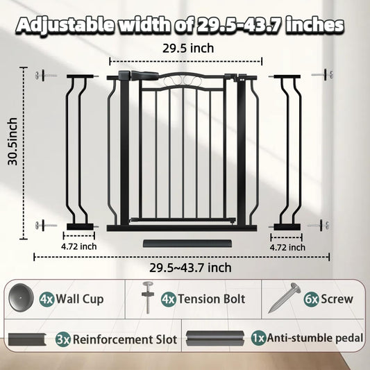 29.53"-43.30" Mornyray Auto-Close Baby Gate Extra Wide, Pressure Mounted Dog & Pet Gate for Stairs Doorways, No Drill Safety Barrier with Lace Design, Metal Child Proof Gate Indoor Outdoor, Black