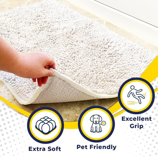 Muddy Mat® AS-SEEN-ON-TV Highly Absorbent Microfiber Door Mat and Pet Rug, Non Slip Thick Washable Area and Bath Mat Soft Chenille for Kitchen Bathroom Bedroom Indoor and Outdoor - White 24" x 96"