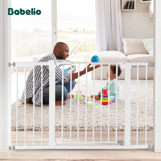 Babelio Metal Baby Gate, 29-48β Auto Close Easy Install Pet Gate, Extra Wide Walk Thru Child Safety Gate, Pressure Mounted Dog Gate for Doorways & Stairs, with Y Spindle Rods, White