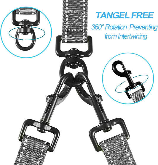 PetBonus Double Dog Leash, No Tangle Dual Leash, Reflective Walking Training Lead, 4 Comfortable Padded Handles for 2 Dogs with Collapsible Bowl and Waste Bags (Grey, Large)