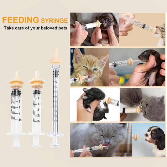 Pet Feeder Syringe, Newborn Animal Feeder Syringe Pet Feeding Nursing Syringe Silicone Feeding Pacifier,Pet Feeding Nipple for Kitten and Puppy (1ml+3ml+5ml Feeder & 5 Small Nipples)