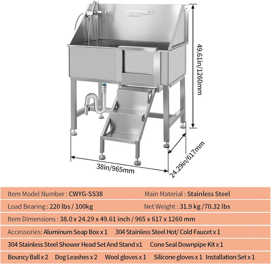 38 Inch Dog Bathing Station for Large Dogs, Stainless Steel Dog Pet Washing Station, Professional Dog Grooming Tub, Pet Wash Bath Station,Right Door