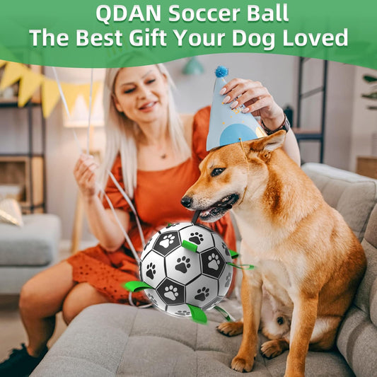 QDAN Dog Soccer Balls Toy with Bell Inside, Outdoor Interactive Toys for Tug of War, Puppy Birthday Gifts, Water Toy, Durable Ropes Squeaky Ball for Small Medium Dogs (6 INCH)