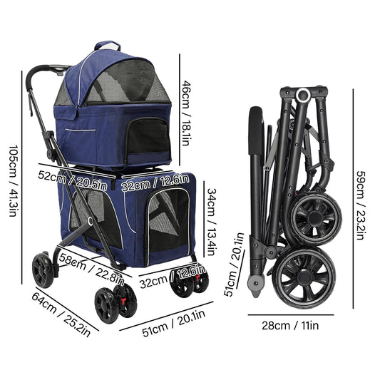 Double Pet Stroller,3.07lbs Dog Cat Carrying Cart,Lightweight Foldable Pet Stroller with 4 Wheels,Blue Portable Compact Pet Travel Cart for Small Dogs and Cats (Blue)