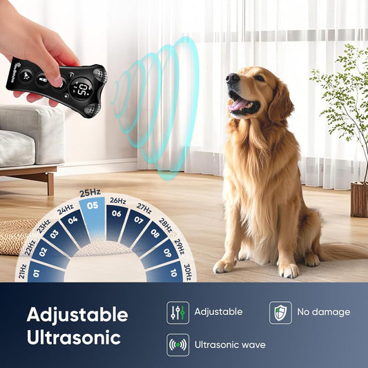 Ultrasonic Dog Bark Deterrent Device โ10-Level Adjustable Anti Barking Trainer with Flashlight, Strobe, E-Clicker(18 Whistle Sounds)โNo Shock, Collar-Free Dog Behavior Correction Devices