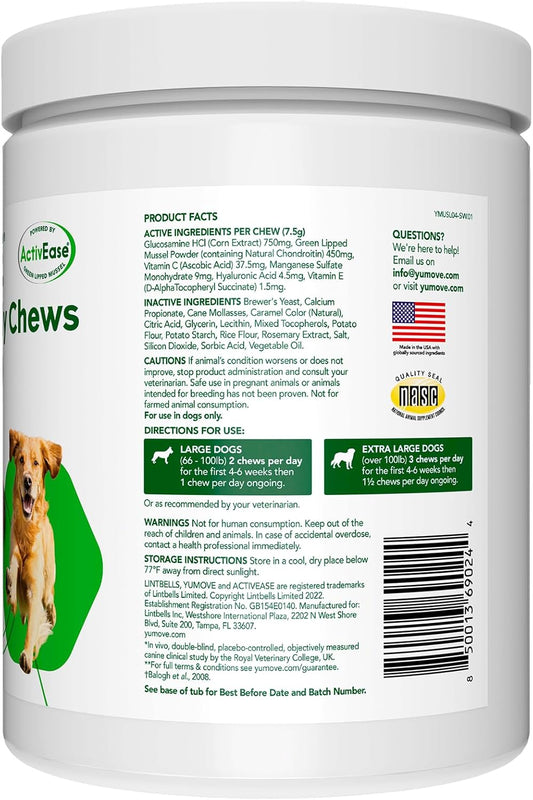 YuMOVE Hip & Joint Supplement for Dogs - with Glucosamine Chondroiton, Green Lipped Mussel, Hyaluronic Acid, and Omega 3 Joint Supplement for Stiffness and Mobility 60 Chews (Large/XL Dogs)