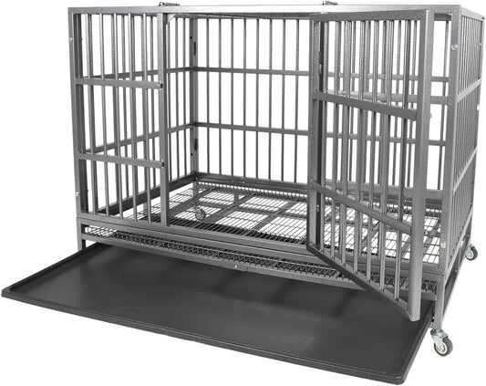 Indestructible Dog Crate Cage Kennel, 47 inches, High Anxiety Dog Crate with Removable Trays, Wheels and Double Door, for Medium and Large Dogs