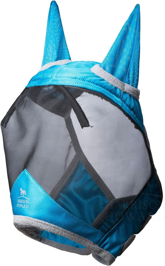 Harrison Howard CareMaster Pro Luminous Horse Fly Mask Large Eye Space Standard with Ears UV Protection for Horse Sky Blue M Cob