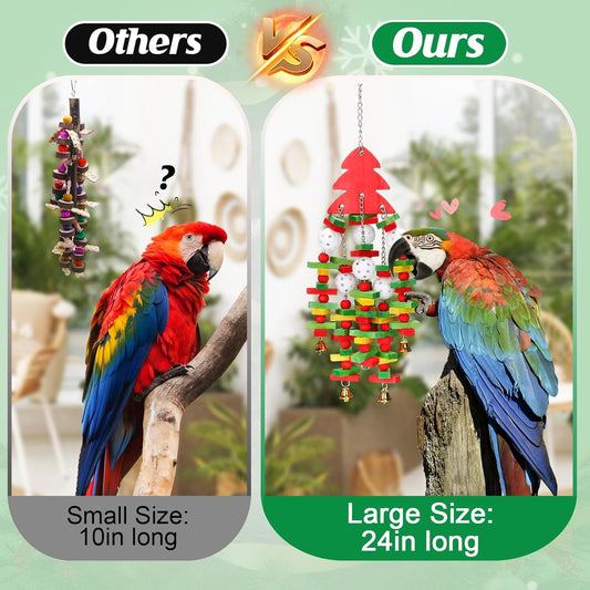 MEWTOGO Christmas Large Bird Toy - Natural Wooden Parrot Chewing Toy With Colorful Edible Blocks for Macaw African Grey Amazon Parrots, Xmas Gifts Bird Playing (Red)