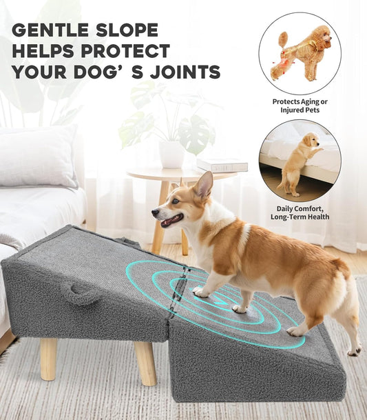 Dog Stairs for Small Dogs and Cats β 2-in-1 Dog Ramp for Bed and Couch, 16.5'' Foldable Wooden Pet Steps, Sturdy Multi-Use Split Ottoman Design, Dark Grey