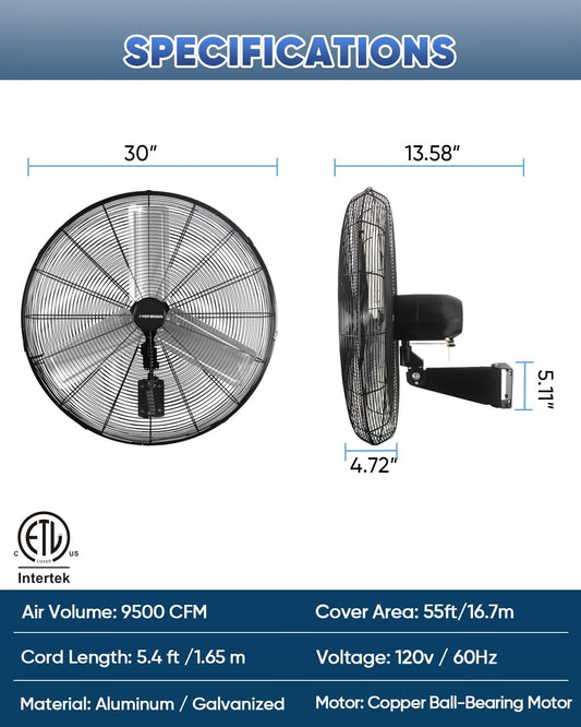 KEN BROWN 30 Inch Industrial Oscillating Wall Mount Fan - 7497 CFM High Velocity, Heavy Duty Metal Construction, 2 Speed Settings, Black