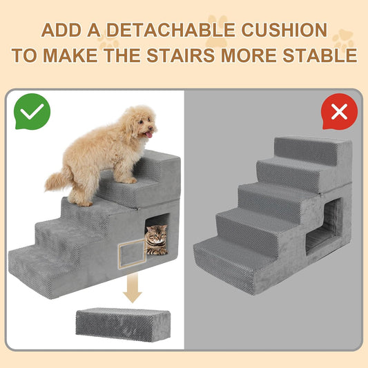 Dog Stairs for Small Dogs 23β H, 5-Step Dog Steps for High Bed, High-Density Foam Pet Stairs with Non-Slip Removable Washable Cover to Get on Bed