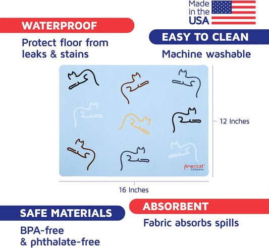Cat Feeding Mat by Americat for Cat Food & Water Bowls – Machine Washable, Waterproof, No-Slip & Made in USA Cat Placemat – Protect Floors from Messy Eaters & Drinkers – 16 x 12 Inches (Cats)