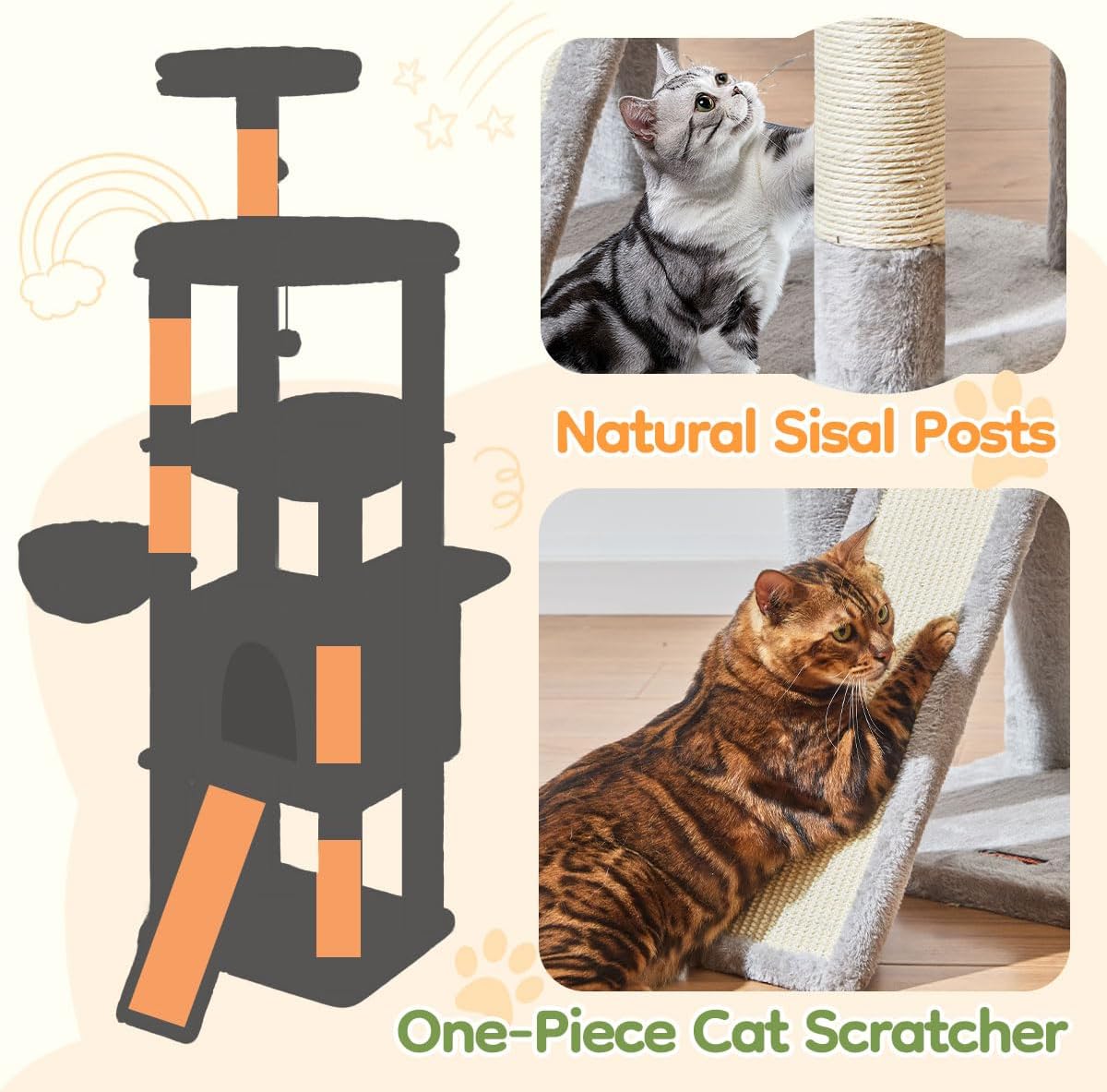 Taoqimiao 72 Inches Cat Tree for Large Cats, Multi-Level Tall Cat Tower, Widened Cat Condo with Large Scratch Board, 5 Scratching Posts, Metal Hammcock, Cozy Basket, Light Gray, MS045W