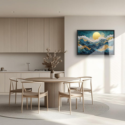 Framed Large Sun Mountain Wall Art, Oversized Teal and Golden Sun Wall Decor for Living Room, Abstract Landscape Canvas Painting Modern Artwork Home Decoration for Living Room Bedroom 36"x24"