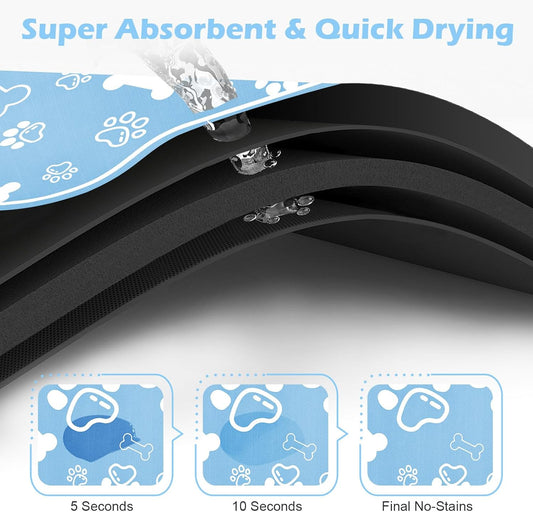 Dog Cat Mat for Food and Water,Rapid Absorbent Pet Feeding Mat, Bone Shaped Dog Placemat Bowl Mat with Rubber Backing,No Stains Pet Food Mats Indoor, Pet Accessories Supplies,Blue 16"×24"