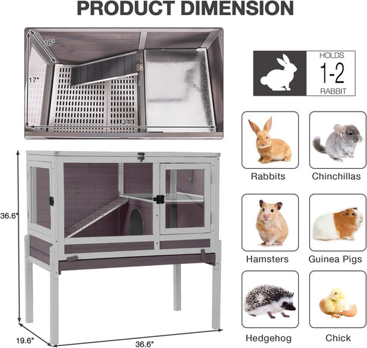 Guinea Pig Cage Indoor with Wheels Rabbit Hutch with Removable Proof Tray and Cool Zinc Plate Chew-Resistant Metal Frame Hamster Cage with Elevated Legs 36.6" L(Grey)