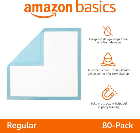 Amazon Basics Heavy Duty Dog and Puppy Pee Pads, 5-Layer Leak-Proof Ultra Absorbent, Quick-Dry Surface, Potty Training, Regular (24x23"), 50 Count, Blue & White