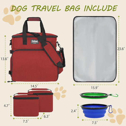 Dog Travel Bag Airline ApprovedāPet Travel Tote with Collapsible Bowls,Food Containers & Feeding MatāMulti-Pocket Organizer for Dogs & Cats, Durable & Water-Resistant for Hiking,Trips,Outdoors