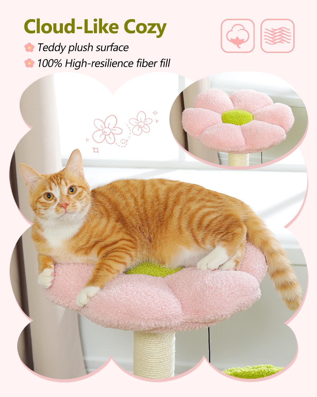 Flower Cat Tree, 28" Cat Tower with Cozy Flower Perch, Large Hammock for Indoor Small Cats, Cute Cat Tree with Sisal Scratching Post and Fur Toy Ball for Kittens, Pink