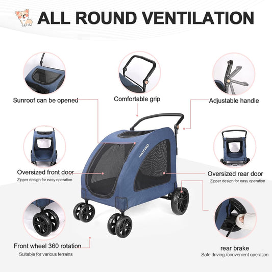 Large Dog Travel Stroller with 4 Heavy Duty Wheels Pet Stroller with Adjustable Handle - Double Doggie Capacity Jogger Wagon with Back Front Door for Small Medium Large Dogs (Navy)